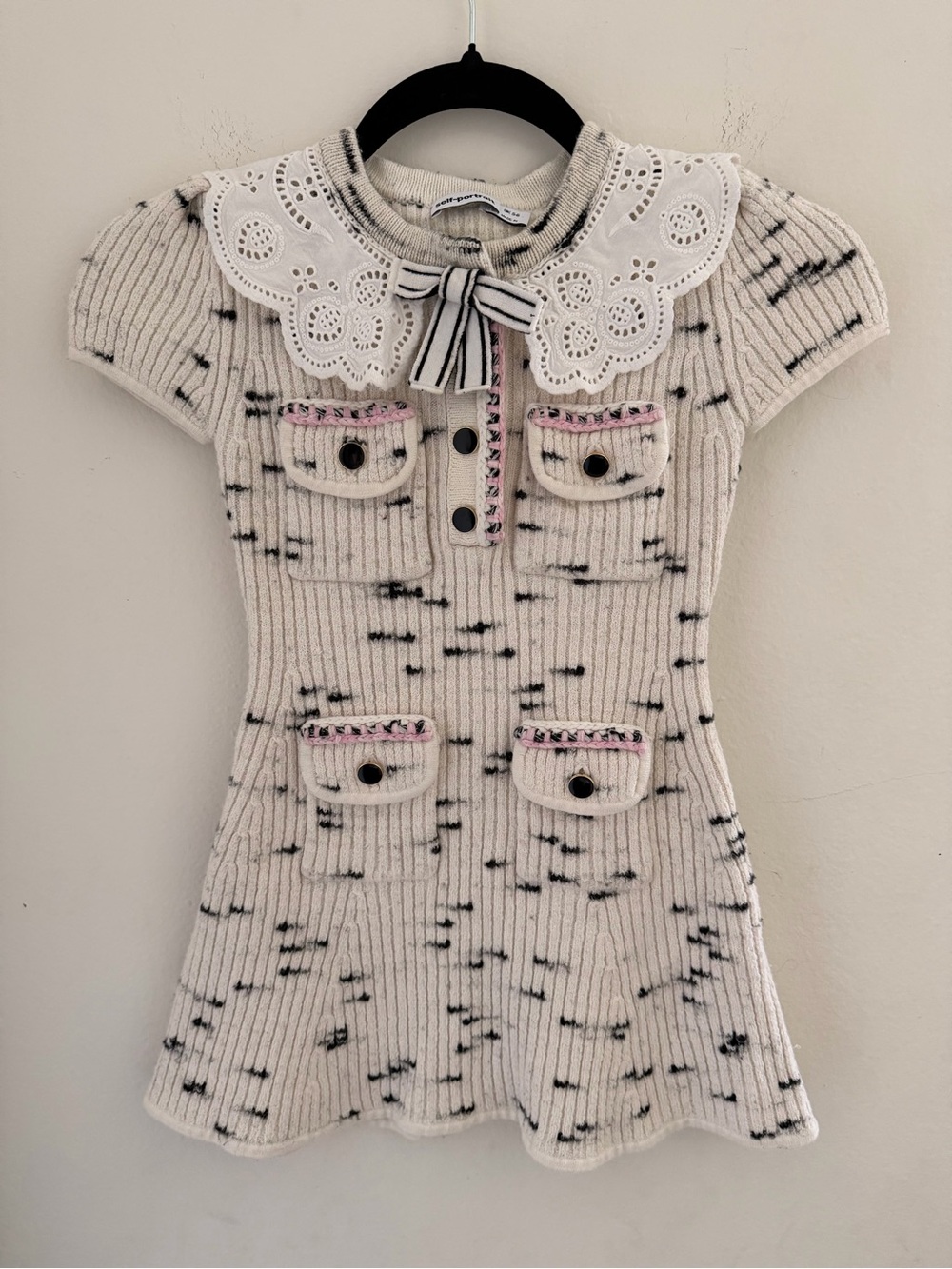Self-Portrait Kids Girl's Ivory Contrast Yarn Knit Dress Lace Collar 5-6